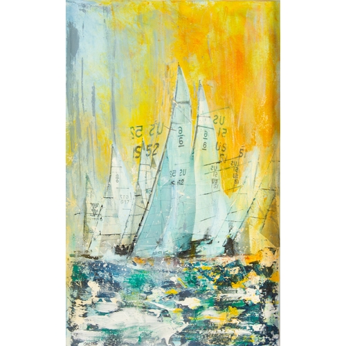 121 - GILL STORR (MODERN) MIXED MEDIA ON CANVAS‘Boat 52’ Signed, titled to gallery label verso 32” x 20” (... 