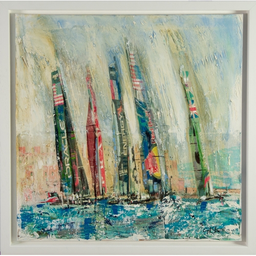 122 - GILL STORR (MODERN) MIXED MEDIA ON CANVAS ‘America’s Cup’ Signed, titled to gallery label verso24” x... 