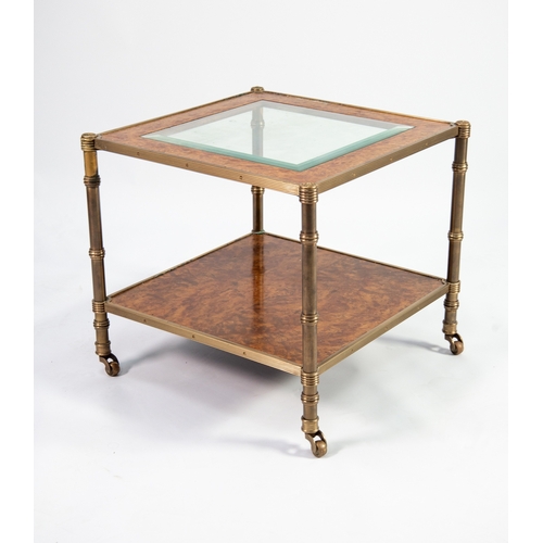 70 - PROBABLY BRIGHTS OF NETTLEBED, PAIR OF BURR WALNUT VENEERED TWO-TIER SQUARE COFFEE TABLES, the tops ... 