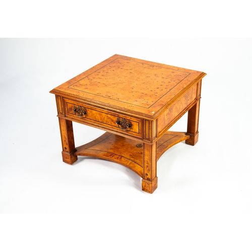 71 - BURR WALNUT VENEERED SQUARE COFFEE TABLE OR LOW CENTRE TABLE, with ebony line inlay, moulded edges, ... 