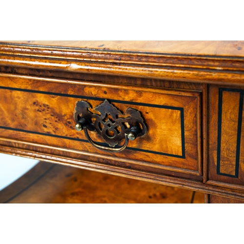 71 - BURR WALNUT VENEERED SQUARE COFFEE TABLE OR LOW CENTRE TABLE, with ebony line inlay, moulded edges, ... 