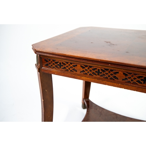 73 - VENEERED QUARTERED MAHOGANY OBLONG COFFEE TABLE, with canted corners, crossbanding, broad burr walnu... 