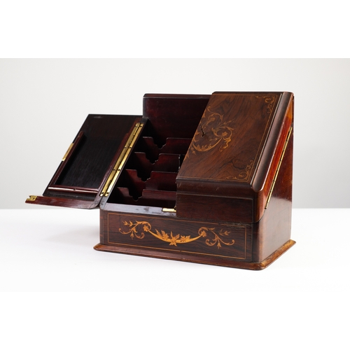 42 - EDWARDIAN INLAID ROSEWOOD STATIONERY BOX, with sloping front, opening to the centre to reveal an int... 