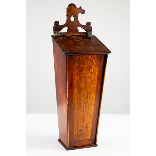 43 - ANTIQUE OAK AND MAHOGANY MURAL CANDLE BOX, of tapering form with pierced hanger, a/f, 20” (50.8cm) h... 