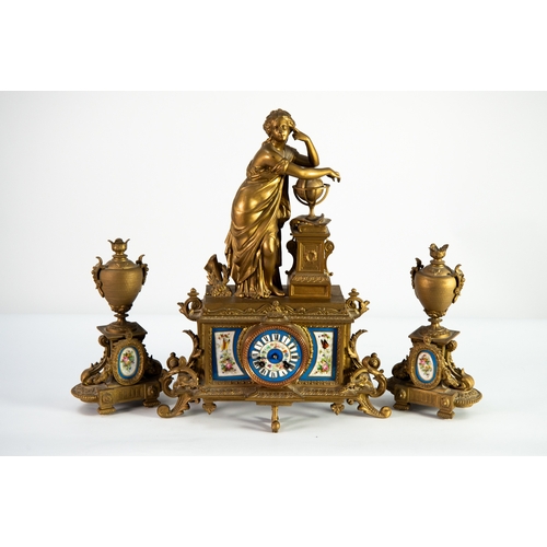 13 - EARLY TWENTIETH CENTURY FRENCH THREE PIECE GILT METAL CLOCK GARNITURE WITH SEVRES STYLE HAND PAINTED... 