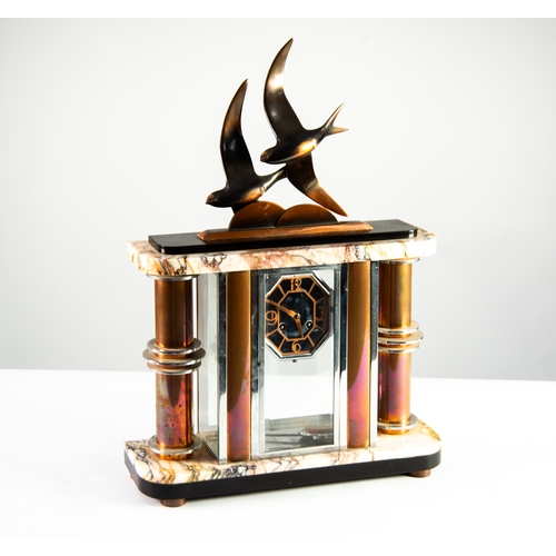 18 - FRENCH ART DECO PINK VEINED MARBLE, CHROME AND GILT METAL MANTLE CLOCK, the octagonal Arabic dial po... 