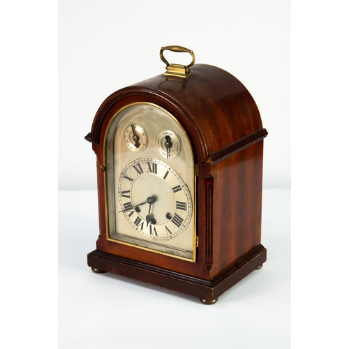 21 - LATE NINETEENTH CENTURY MAHOGANY CASED MANTLE OR BRACKET CLOCK, the plain silvered Roman dial with C... 