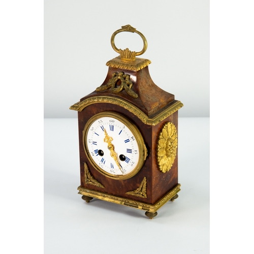 22 - NINETEENTH CENTURY FRENCH BLOND TORTOISESHELL AND ORMULU CASED MANTLE CLOCK, the 3 ¾” enamelled dial... 