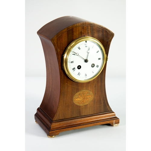 26 - EDWARDIAN INLAID MAHOGANY MANTLE CLOCK, the 4” enamelled dial powered by a drum shaped movement, str... 