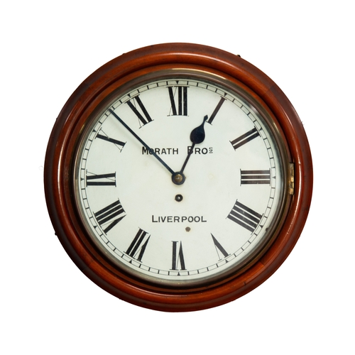 34 - MORATH BROs, LIVERPOOL MAHOGANY FRAMED WALL CLOCK, with 11 ½” Roman dial and single fusee movement, ... 