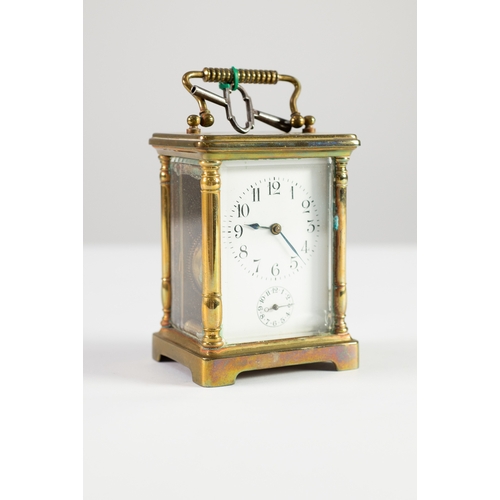 39 - TWENTIETH CENTURY BRASS CASED CARRIAGE CLOCK WITH ALARM, of typical form with subsidiary setting dia... 