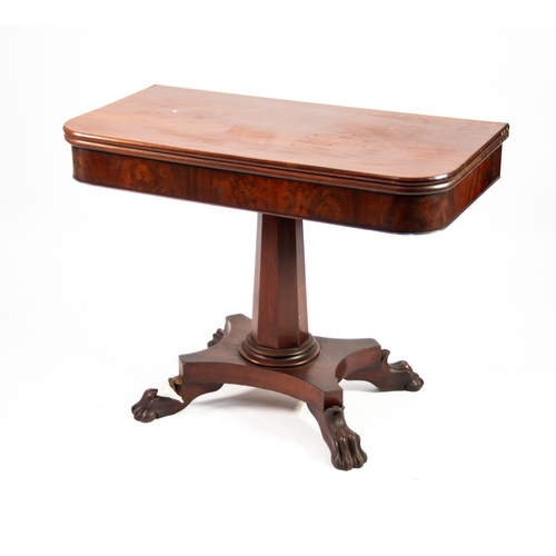 82 - WILLIAM IV MAHOGANY FOLD OVER CARD TABLE, plain top with rounded corners, raised on tapered octagona... 