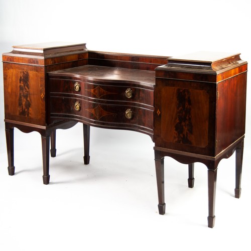 83 - GEORGIAN-STYLE INLAID MAHOGANY SUNK CENTRE SIDEBOARD having pair serpentine fronted wide central dra... 