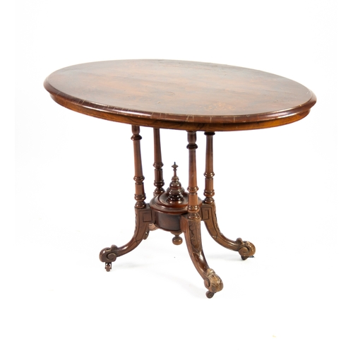 84 - VICTORIAN SMALL INLAID OVAL BURR WOOD OCCASIONAL TABLE on four turned supports, united by central bo... 