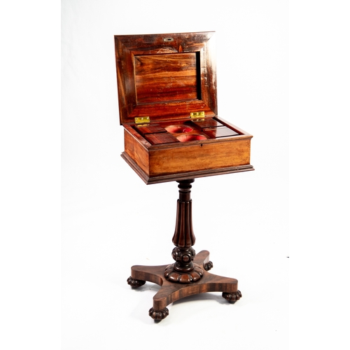 80 - WILLIAM IV ROSEWOOD TEAPOY, the sarcophagus form hinge top enclosing four lidded boxes and two reser... 