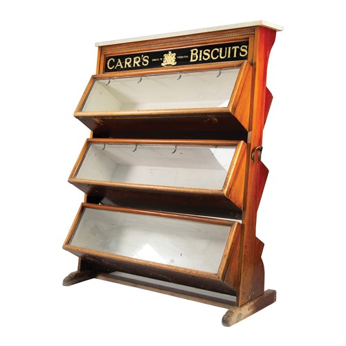 97 - EARLY 20TH CENTURY CARR'S BISCUITS THREE TIER MAHOGANY DISPLAY CABINET WITH WHITE MARBLE TOP and for... 