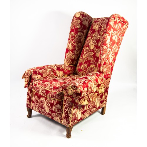 95 - GEORGIAN STYLE WINGED EASY ARMCHAIR, of typical form with loose cushion to the deep, flat fronted st... 