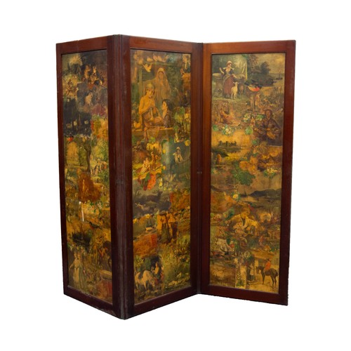 85 - VICTORIAN MAHOGANY FRAMED THREE FOLD ‘DECOUPAGE’ SCREEN, of typical form with moulded panels, one si... 