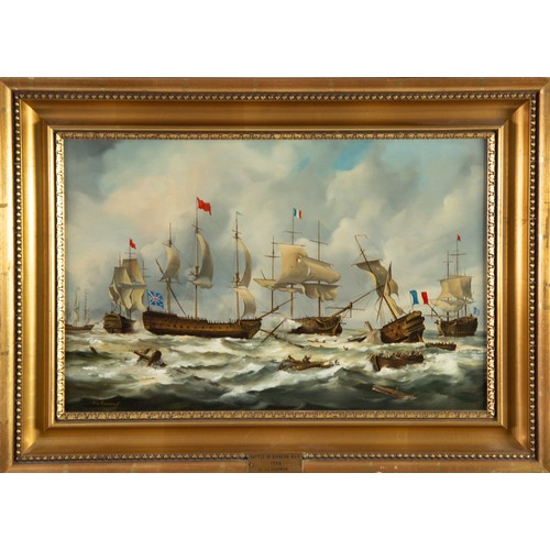 239 - JOHN LEWIS CHAPMAN (1949) OIL ON BOARD‘Battle of Quibeon Bay, 1759’ Signed, titled to plaque to fram... 