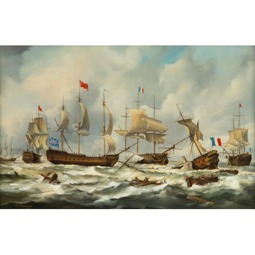 239 - JOHN LEWIS CHAPMAN (1949) OIL ON BOARD‘Battle of Quibeon Bay, 1759’ Signed, titled to plaque to fram... 