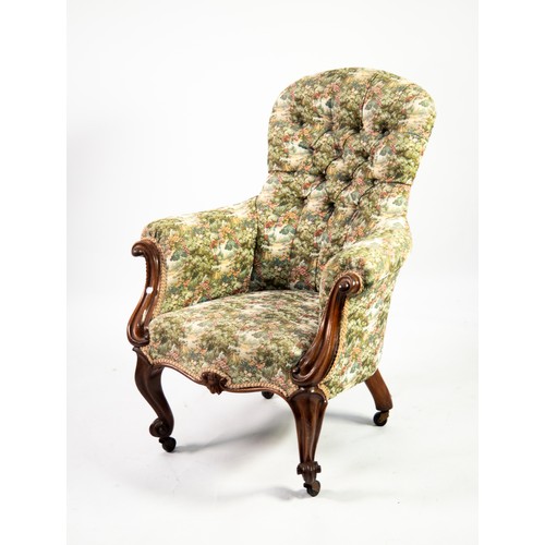 86 - VICTORIAN CARVED ROSEWOOD LADY’S EASY ARMCHAIR, with shaped and buttoned back above a serpentine fro... 