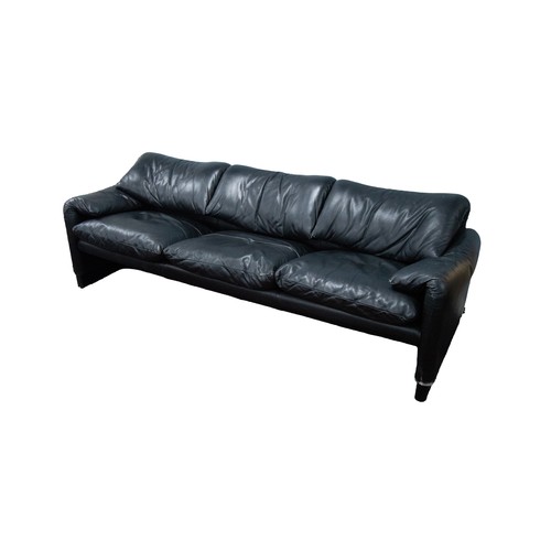 110 - VICO MAGISTRETTI FOR CASSINA, MARALUNGA THREE SEATER BLACK LEATHER SOFA, 30” (76.2cm) high, 90” x 32... 