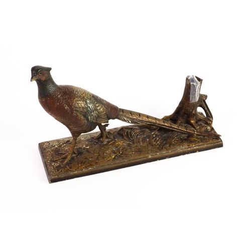 58 - VICTORIAN COLD PAINTED METAL PHEASANT TABLE LIGHTER on natural oblong base, the pheasant in walking ... 