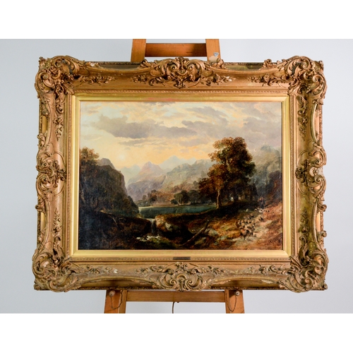 199 - UNATTRIBUTED (NINETEENTH CENTURY BRITISH SCHOOL) OIL ON CANVASHighland lake scene with drover and sh... 