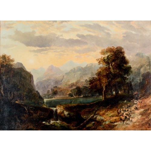 199 - UNATTRIBUTED (NINETEENTH CENTURY BRITISH SCHOOL) OIL ON CANVASHighland lake scene with drover and sh... 