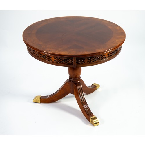 74 - REGENCY STYLE MAHOGANY LOW CIRCULAR CENTRE TABLE, with crossbanded and burr walnut broad border, bli... 