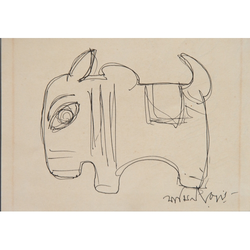 298 - JAMINA ROY (1887-1972) PEN AND INK SKETCH ON BUFF COLOURED PAPERProfile of an oxen Signed 4 ¼” x 6 ½... 