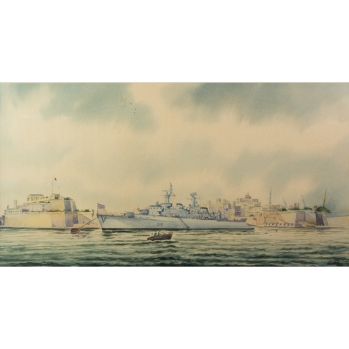 294 - A M GABO (Modern) WATERCOLOUR A British Warship off Valetta Harbour, Malta Signed, inscribed & d... 