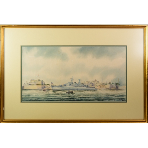 294 - A M GABO (Modern) WATERCOLOUR A British Warship off Valetta Harbour, Malta Signed, inscribed & d... 