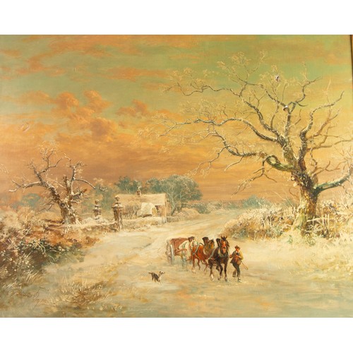 193 - DAVID PAYNE OIL PAINTING ON CANVAS Winter scene with rural landscape under snow, man leading a wagon... 