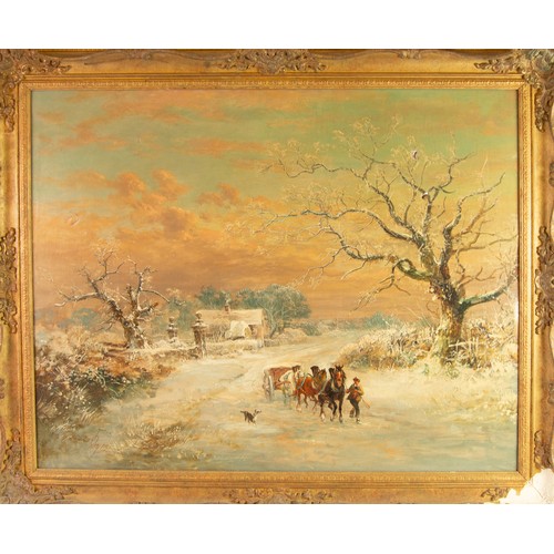 193 - DAVID PAYNE OIL PAINTING ON CANVAS Winter scene with rural landscape under snow, man leading a wagon... 
