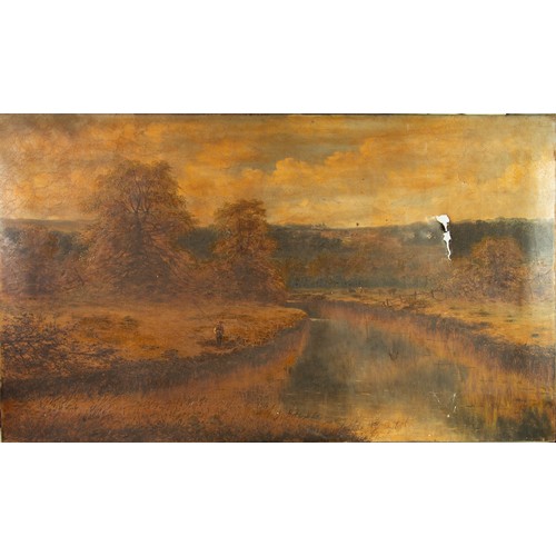 194 - LATE 19th CENTURY ENGLISH SCHOOL OIL PAINTING ON CANVAS Extensive landscape with man fishing on the ... 