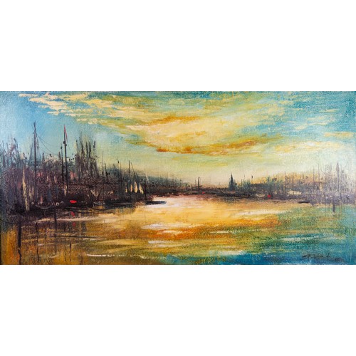 178 - JASON LES SPENCE (1934) OIL ON CANVAS Twilight harbour scene with moored sailing boats Signed 19 ¾” ... 