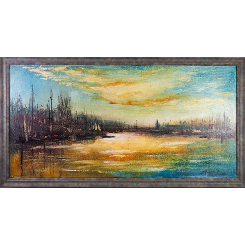 178 - JASON LES SPENCE (1934) OIL ON CANVAS Twilight harbour scene with moored sailing boats Signed 19 ¾” ... 