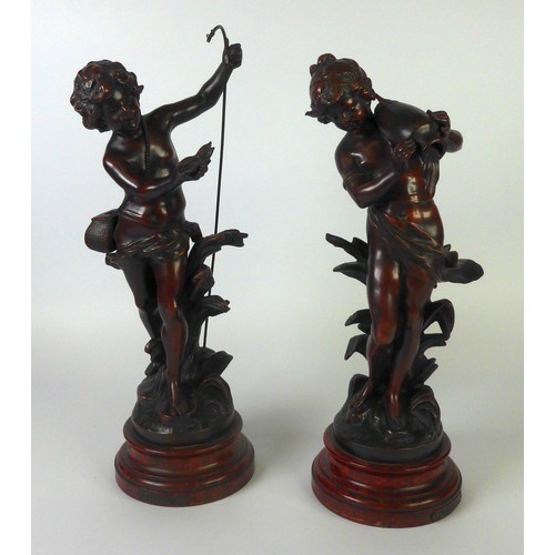 48 - AFTER AUGUSTUS MOREAUPAIR OF BRONZED SPELTER ALLEGORICAL STATUES VIZ FISHERBOY AND GIRL WATER CARRIE... 