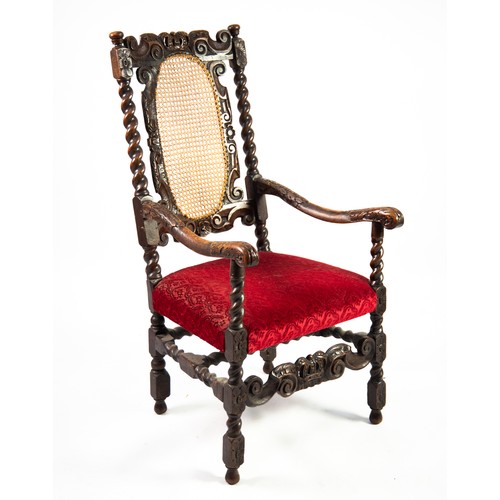 91A - ANTIQUE AND LATER CARVED OAK OPEN ARMCHAIR, the high back with pierced crown cresting and oval caned... 