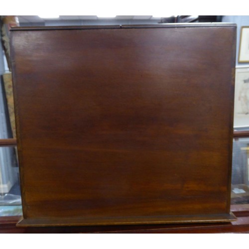 42 - EDWARDIAN INLAID ROSEWOOD STATIONERY BOX, with sloping front, opening to the centre to reveal an int... 