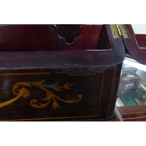 42 - EDWARDIAN INLAID ROSEWOOD STATIONERY BOX, with sloping front, opening to the centre to reveal an int... 