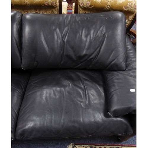 110 - VICO MAGISTRETTI FOR CASSINA, MARALUNGA THREE SEATER BLACK LEATHER SOFA, 30” (76.2cm) high, 90” x 32... 