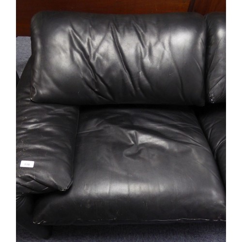 110 - VICO MAGISTRETTI FOR CASSINA, MARALUNGA THREE SEATER BLACK LEATHER SOFA, 30” (76.2cm) high, 90” x 32... 