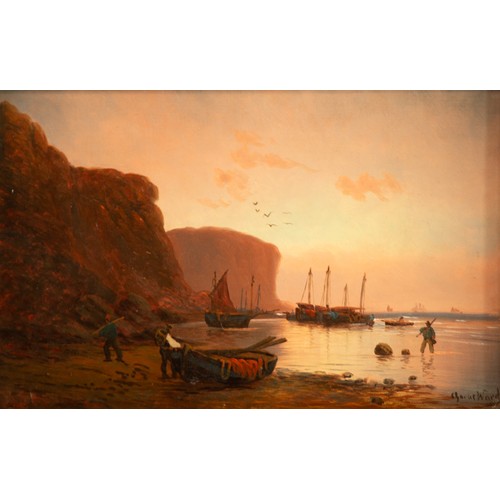 211A - CHARLES CALEB WARD (1831 - 1896) OIL PAINTING ON CANVAS Fishermen coming ashore from a beached rowin... 