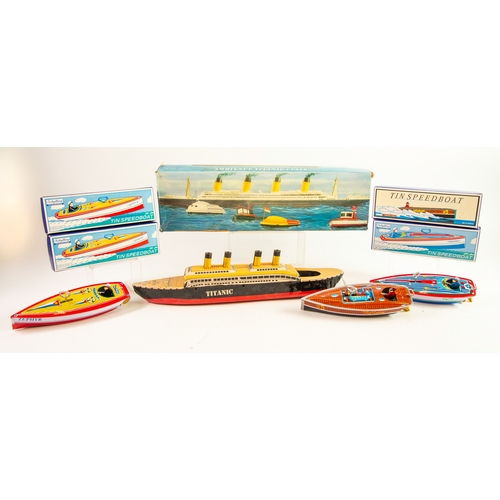 380 - FOUR SCHYLLING MINT & BOXED LITHOGRAPH TIN PLATE CLOCKWORK SPEED BOATS, with driver, boxes good ... 