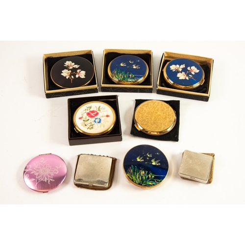 420 - THREE BOXED STRATTON LADY'S POWDER COMPACTS, circular, decorated with ducks in flight and the other ... 