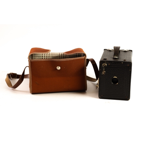 140 - KODAK 'BROWNIE' BOX CAMERA, LITTLE-USED IN CANVAS CASE WITH SHOULDER STRAP