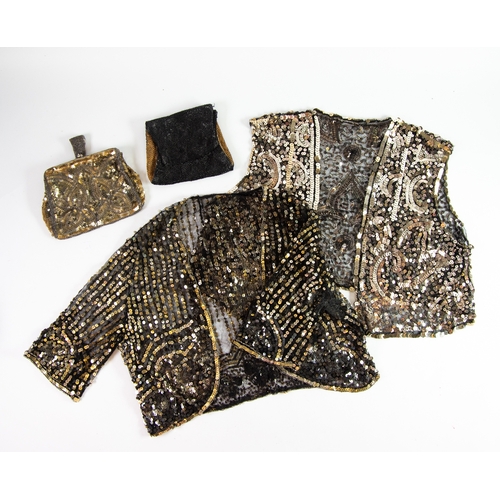 418 - LADIES VINTAGE BLACK NET AND SEQUIN JACKET and a VERY SIMILAR SLEEVELESS TOP/WAISTCOAT together with... 