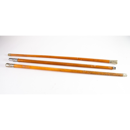 115 - TWO 20TH CENTURY MALACCA CANE PACE STICKS WITH PLATED METAL TOPS, one embossed with 'The Manchester ... 